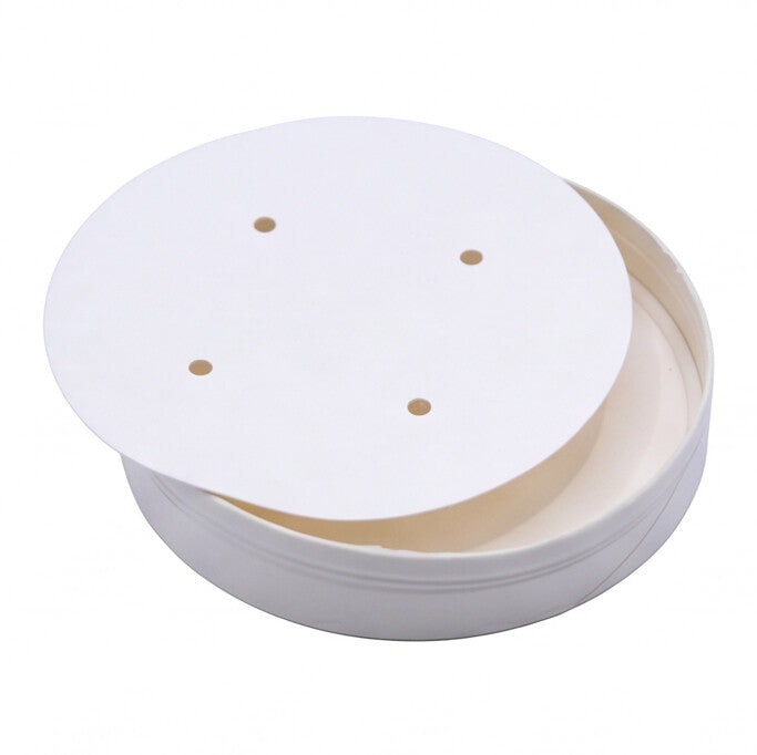 White paper vented lid 90mm viewed from a front angle, highlighting the four punched steam vents and the lid sitting on its container.