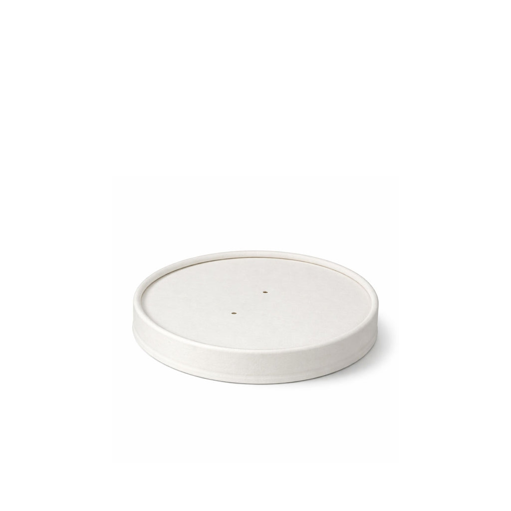 White paper vented lid 90mm shown at a three-quarter angle resting on a container, displaying the four vent holes and flat paper top.