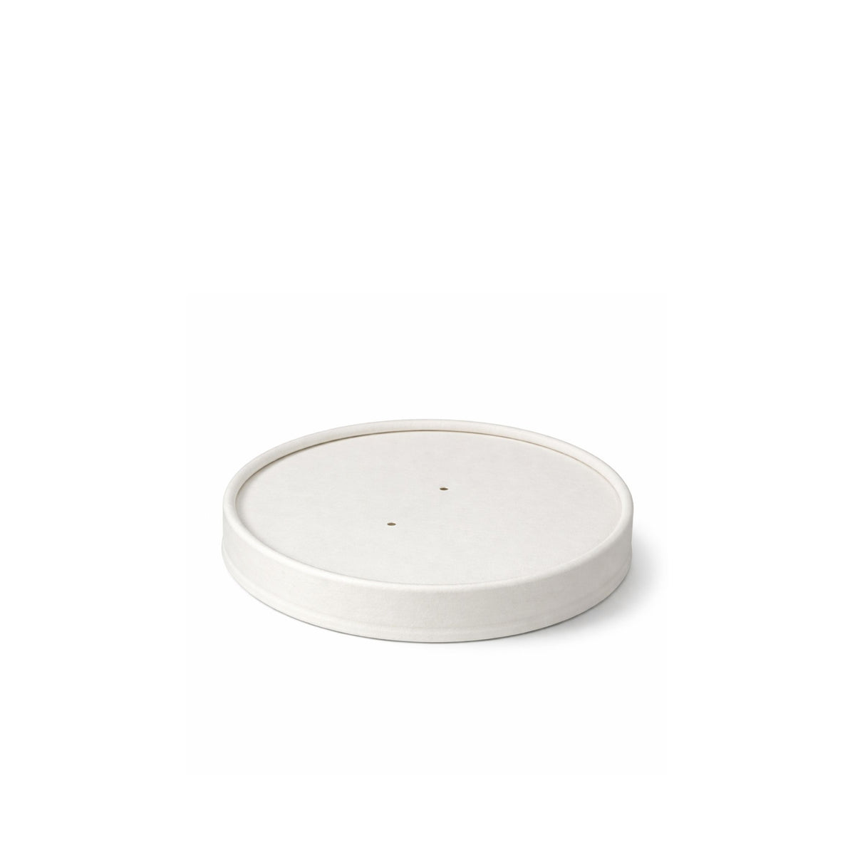 White paper vented lid 90mm shown at a three-quarter angle resting on a container, displaying the four vent holes and flat paper top.