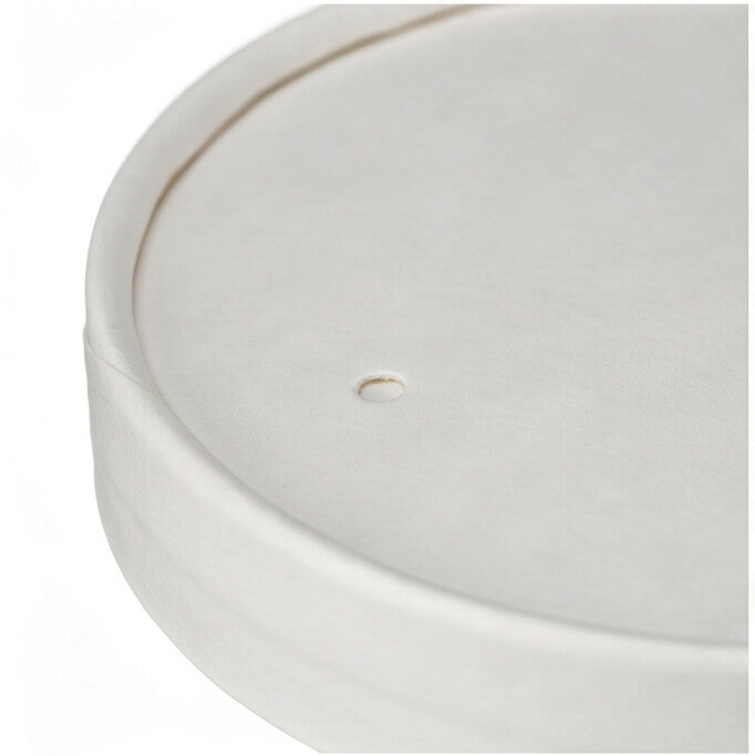 Close-up detail of white paper vented lid 98mm showing clean white surface, rim and steam vent hole