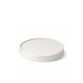 Angled view of white paper vented lid 98mm lifted from soup bowl base, showing four vent holes and white finish