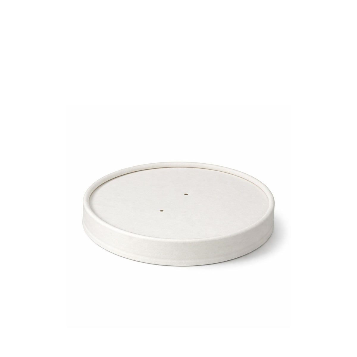 Angled view of white paper vented lid 98mm lifted from soup bowl base, showing four vent holes and white finish