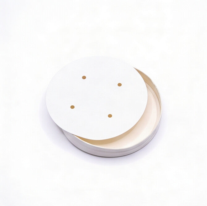 Angled view of white paper vented lid 98mm lifted from soup bowl base, showing four vent holes and white finish