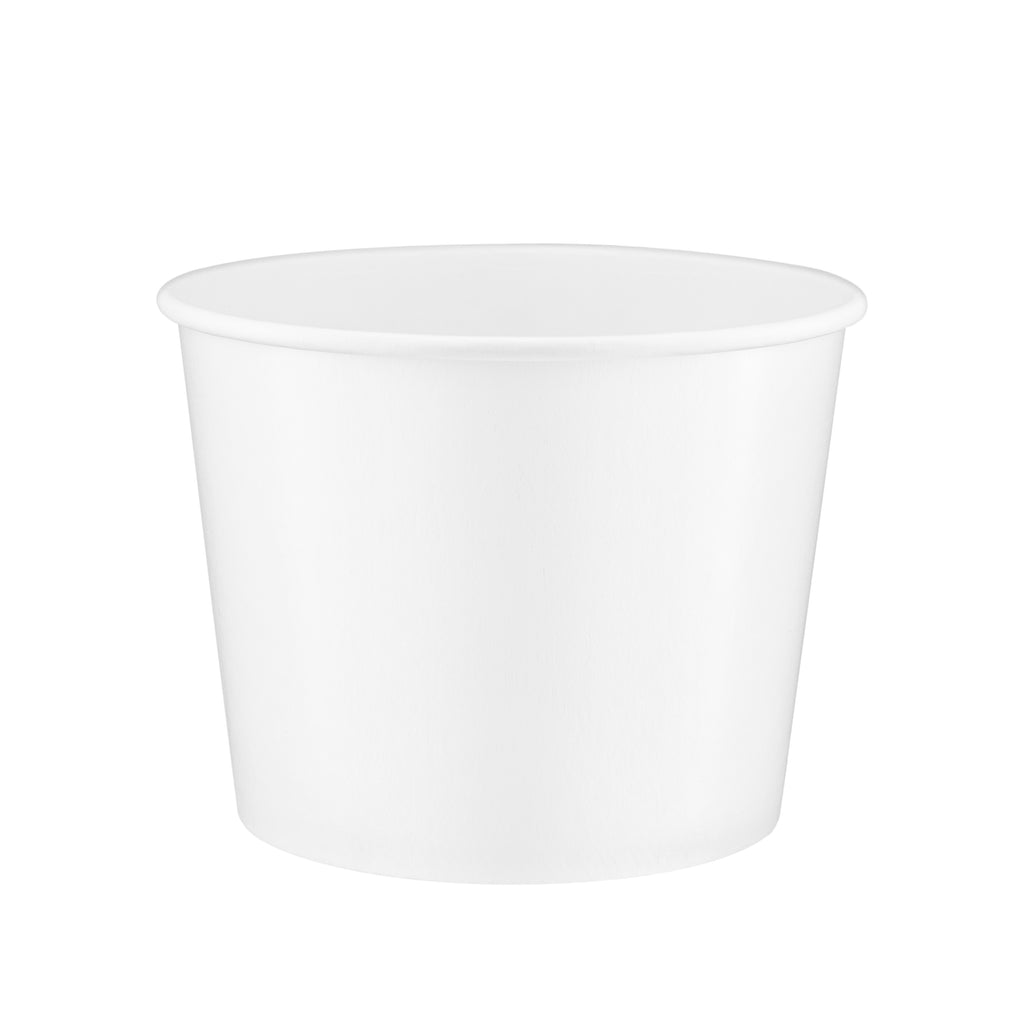 White paper soup bowl 36oz viewed from a slight front angle, revealing the rolled rim and a glimpse of the smooth interior.
