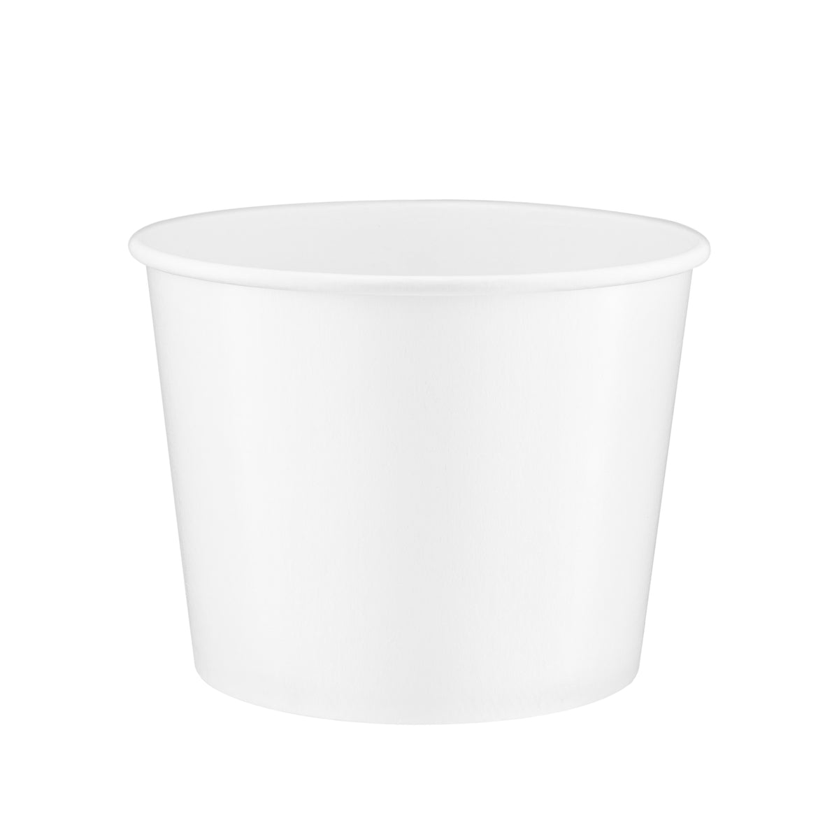 White paper soup bowl 36oz viewed from a slight front angle, revealing the rolled rim and a glimpse of the smooth interior.

