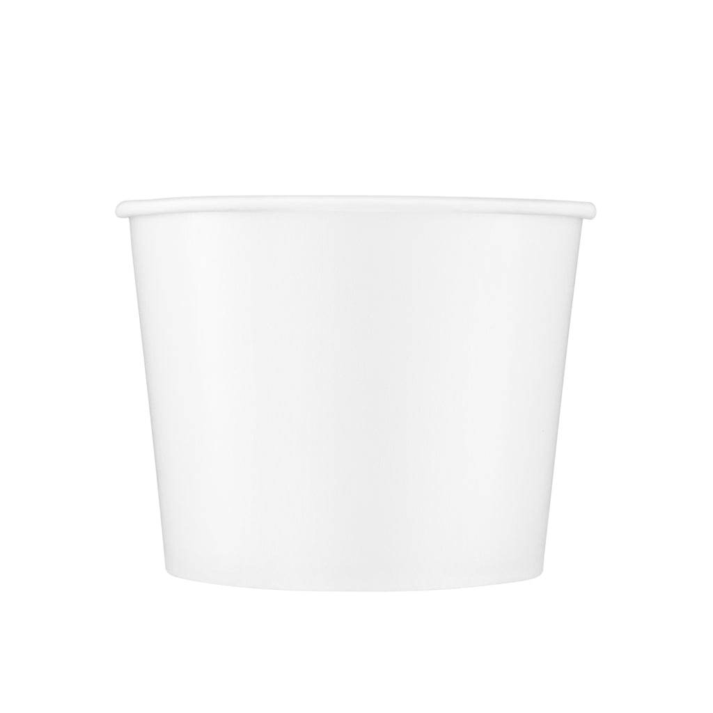 White paper soup bowl 36oz viewed straight from the front, showing the tapered round body, rolled rim and clean white finish on a white background.