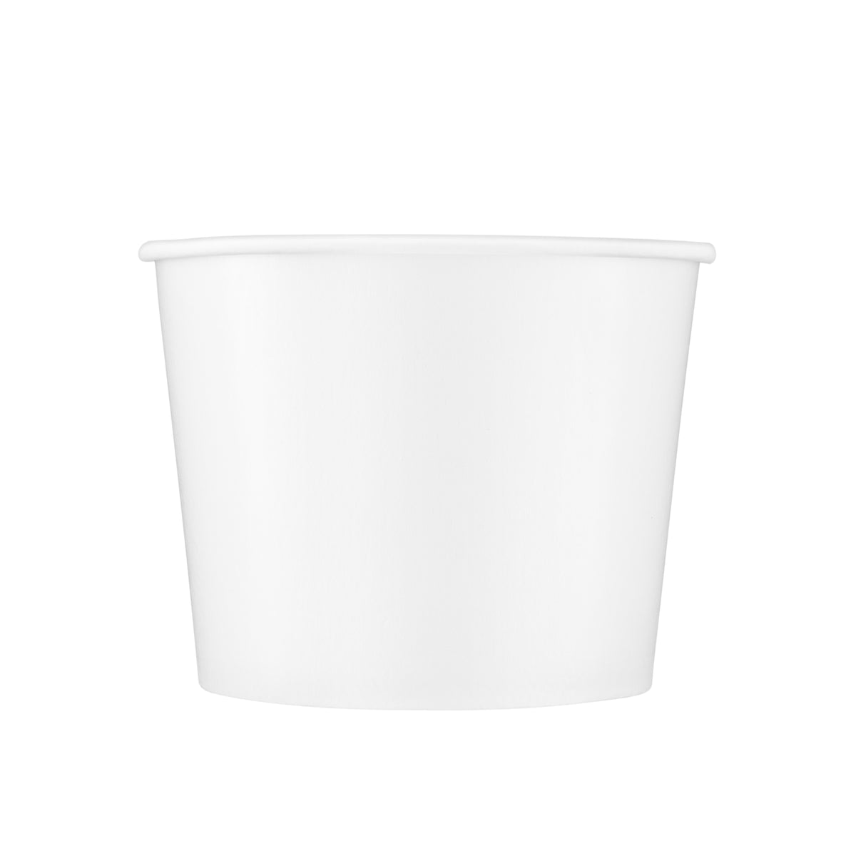White paper soup bowl 36oz viewed straight from the front, showing the tapered round body, rolled rim and clean white finish on a white background.