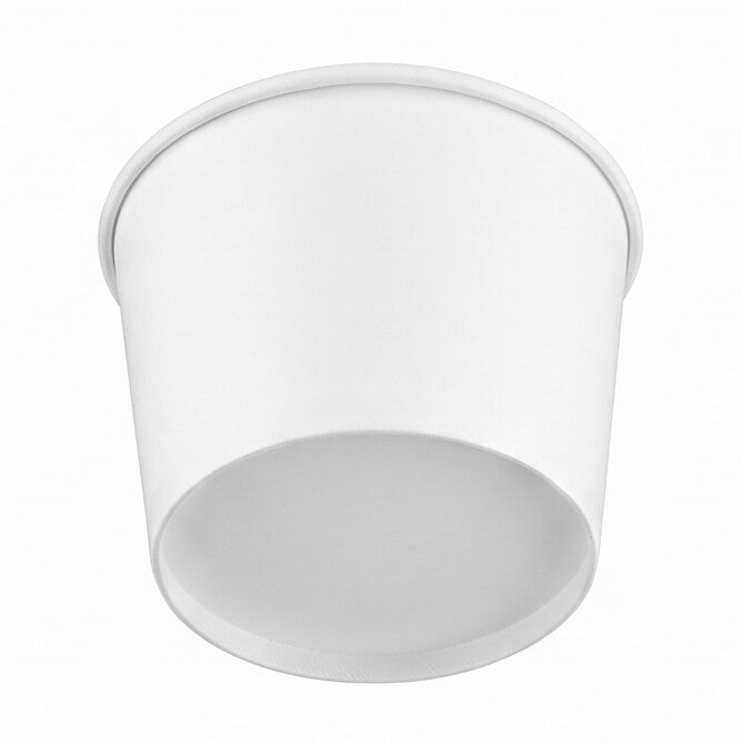 White paper soup bowl 36oz viewed from a low angle, emphasizing the tapered base, sidewall and rolled rim.