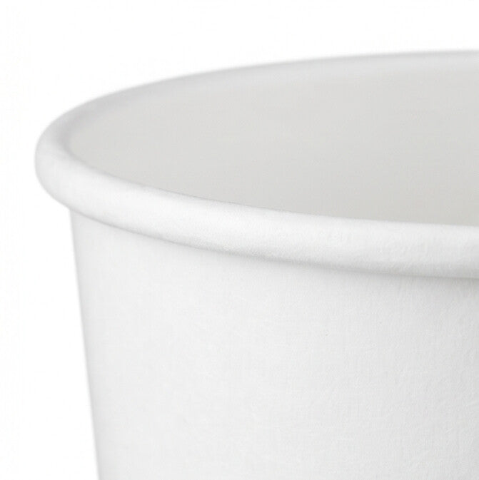 Close-up of the rolled rim and interior of a white paper soup bowl 36oz, highlighting the smooth food-grade coated surface.