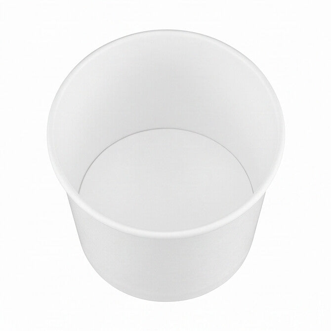 White paper soup bowl 36oz shown at a three-quarter angle, highlighting the deep interior, rolled rim and tapered sidewall.