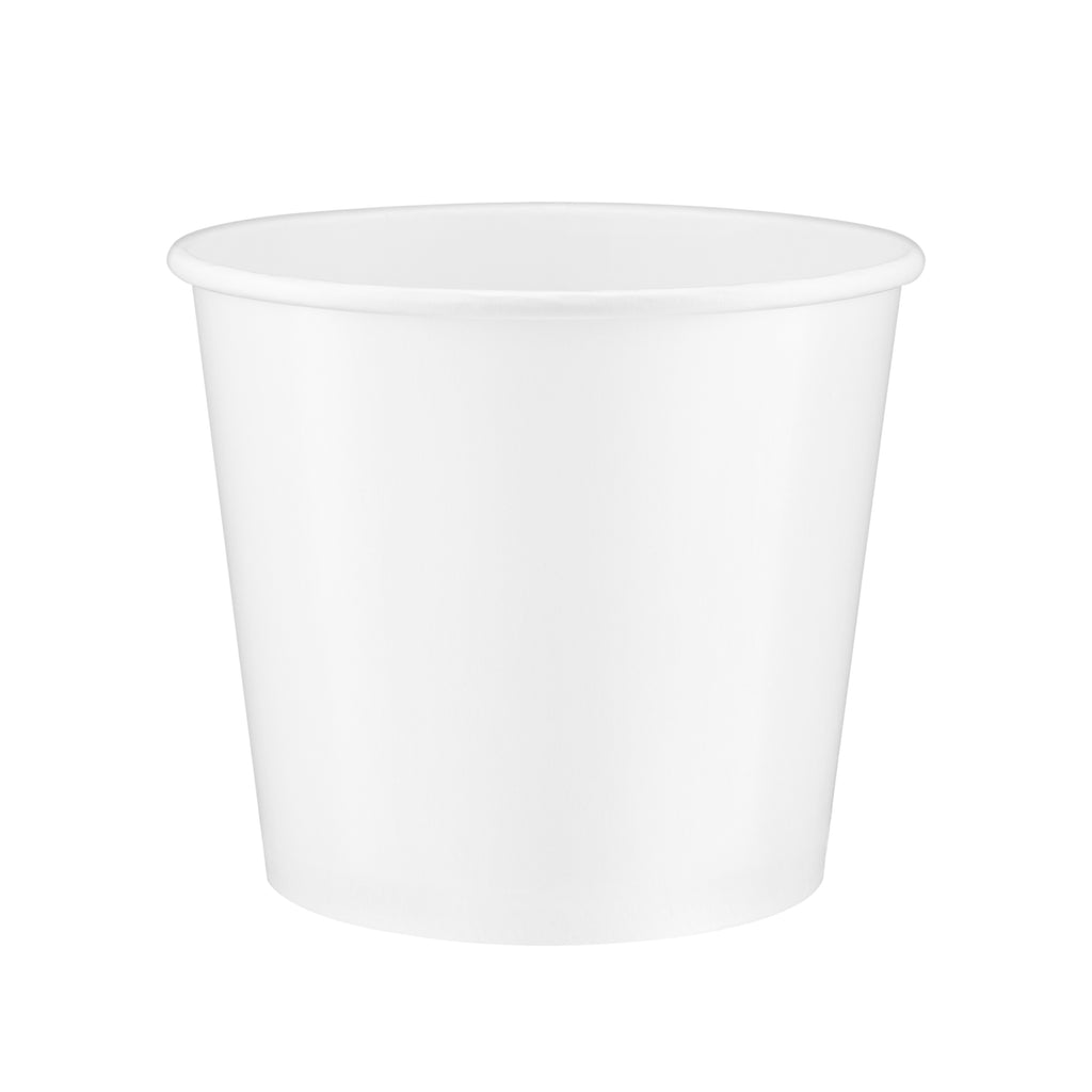 White paper soup bowl 42oz viewed from a slight front angle, revealing the rolled rim and a glimpse of the smooth interior.