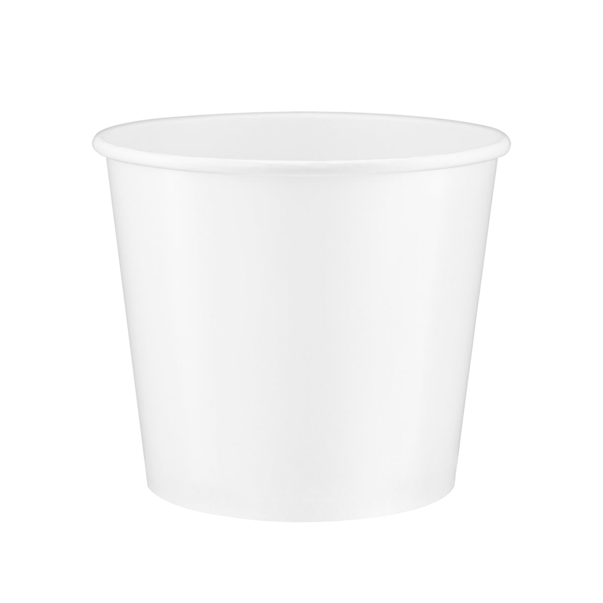 White paper soup bowl 42oz viewed from a slight front angle, revealing the rolled rim and a glimpse of the smooth interior.