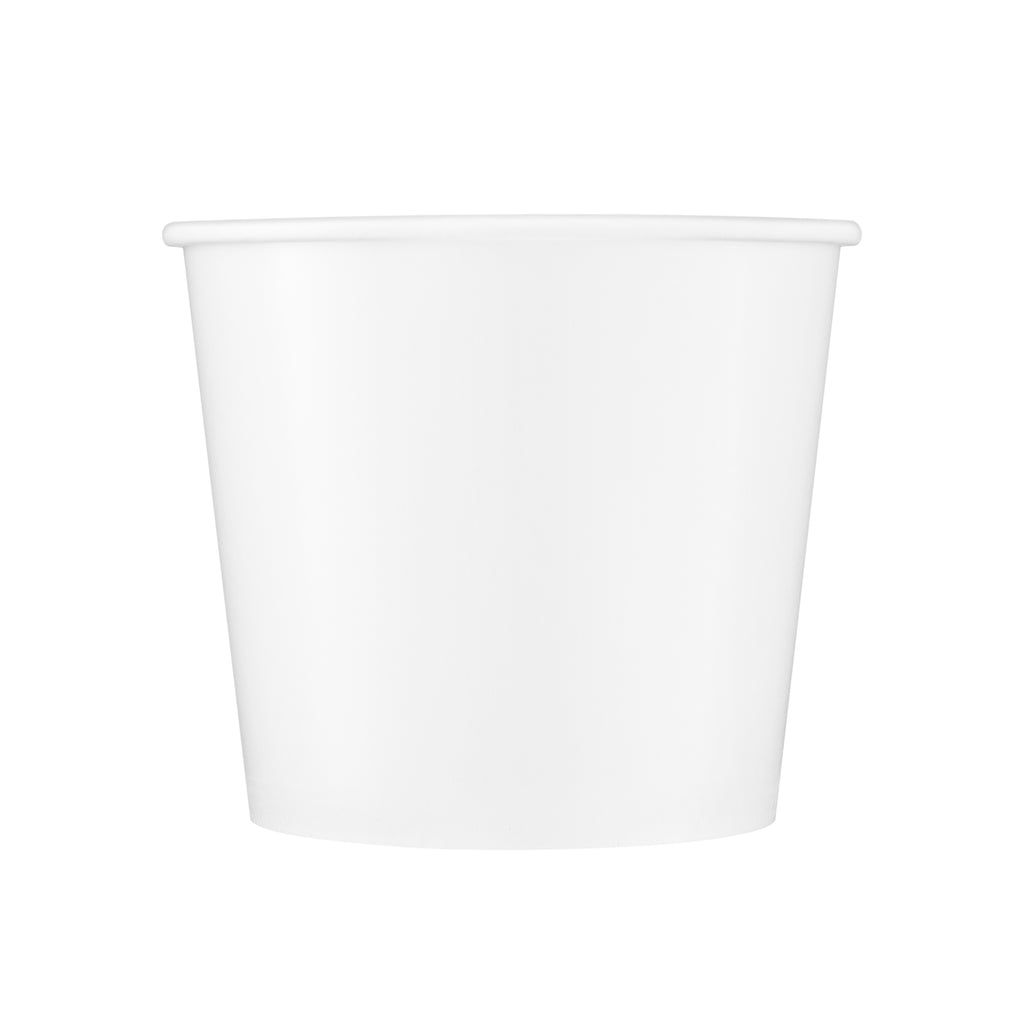 White paper soup bowl 42oz viewed straight from the front, showing the tapered round body, rolled rim and clean white finish on a white background.
