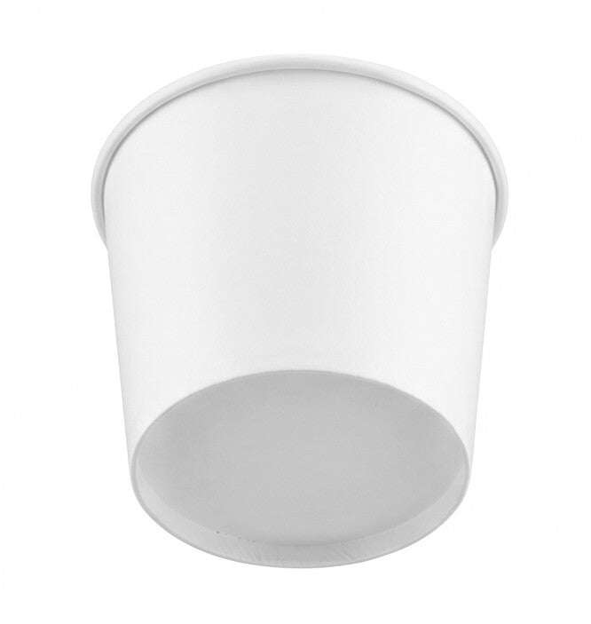 White paper soup bowl 42oz viewed from a low angle, emphasizing the tapered base, sidewall and rolled rim.