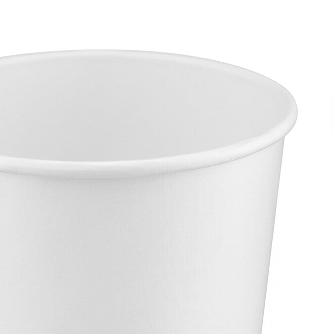 Close-up of the rolled rim and interior of a white paper soup bowl 42oz, highlighting the smooth food-grade coated surface.
