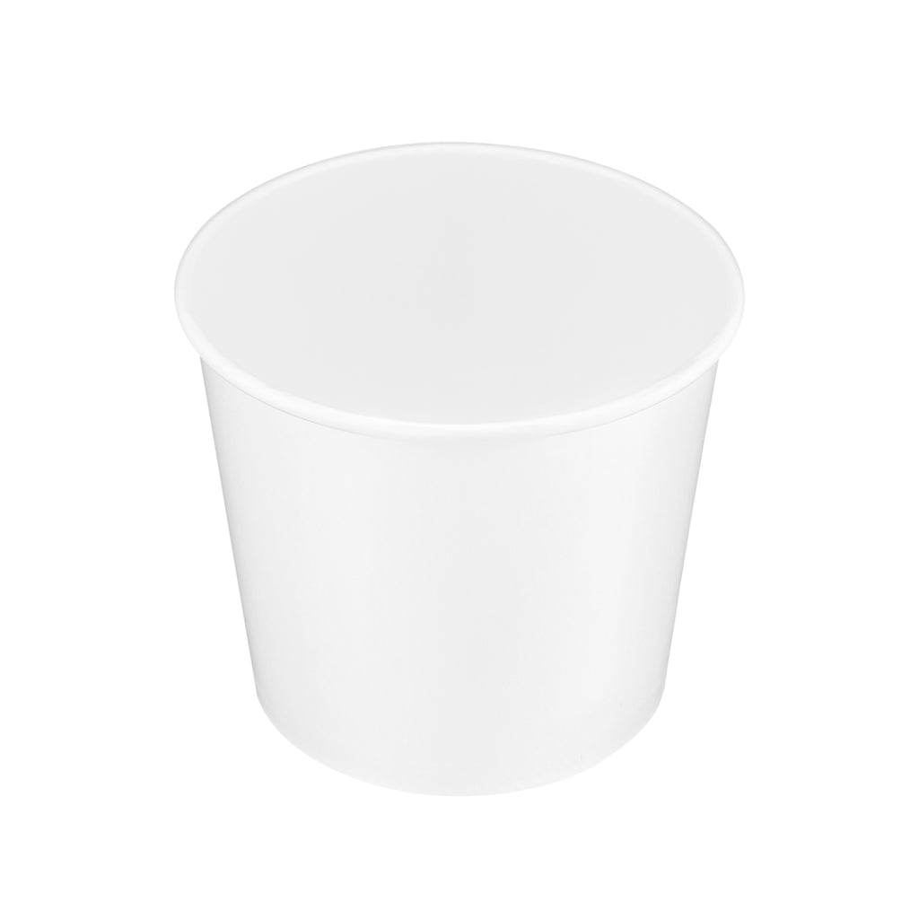 White paper soup bowl 42oz shown at a three-quarter angle, highlighting the deep interior, rolled rim and tapered sidewall.