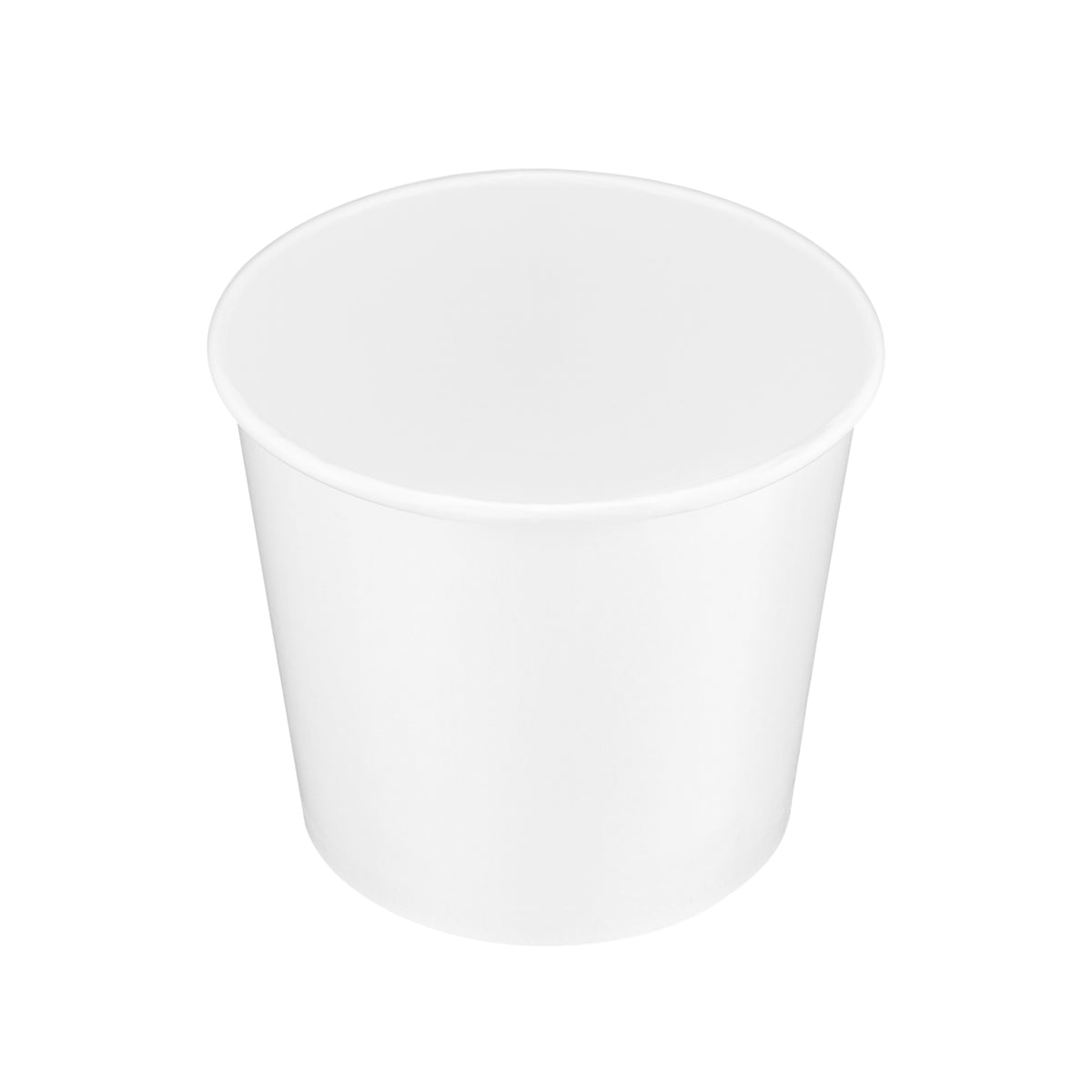 White paper soup bowl 42oz shown at a three-quarter angle, highlighting the deep interior, rolled rim and tapered sidewall.