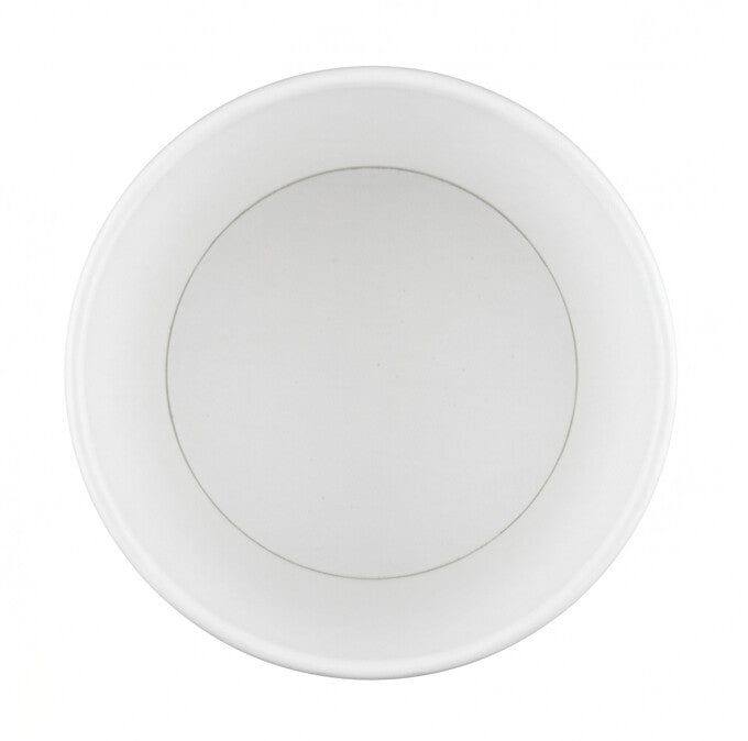 White paper soup bowl 42oz viewed from directly above, showing the round opening, rolled rim and clean inner base on a white background.