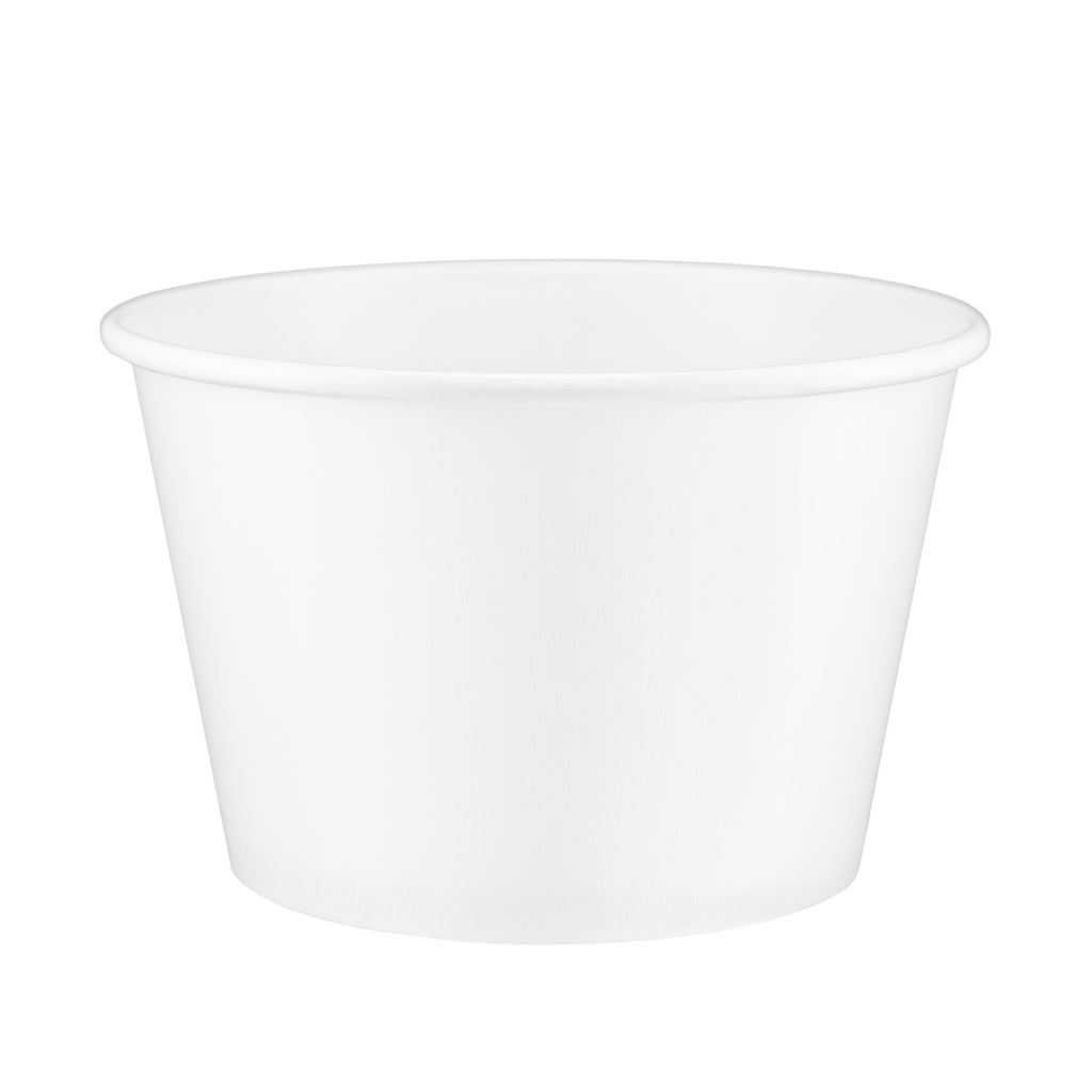 White paper soup bowl 54oz viewed from a slight front angle, revealing the rolled rim and a glimpse of the smooth interior.