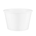 White paper soup bowl 54oz viewed from a slight front angle, revealing the rolled rim and a glimpse of the smooth interior.