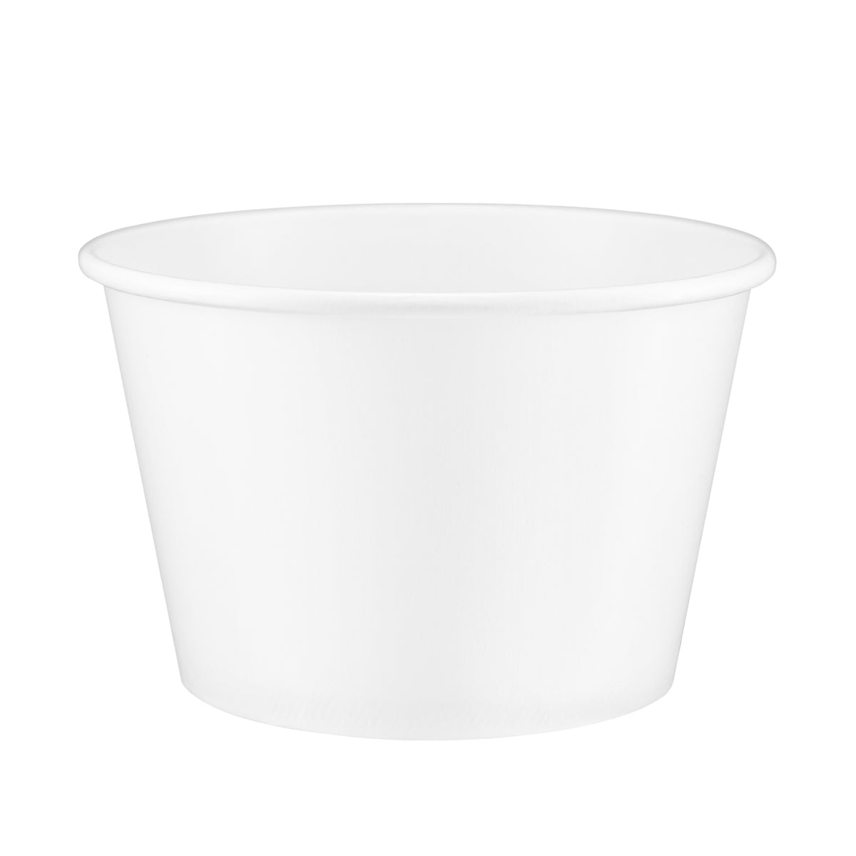 White paper soup bowl 54oz viewed from a slight front angle, revealing the rolled rim and a glimpse of the smooth interior.