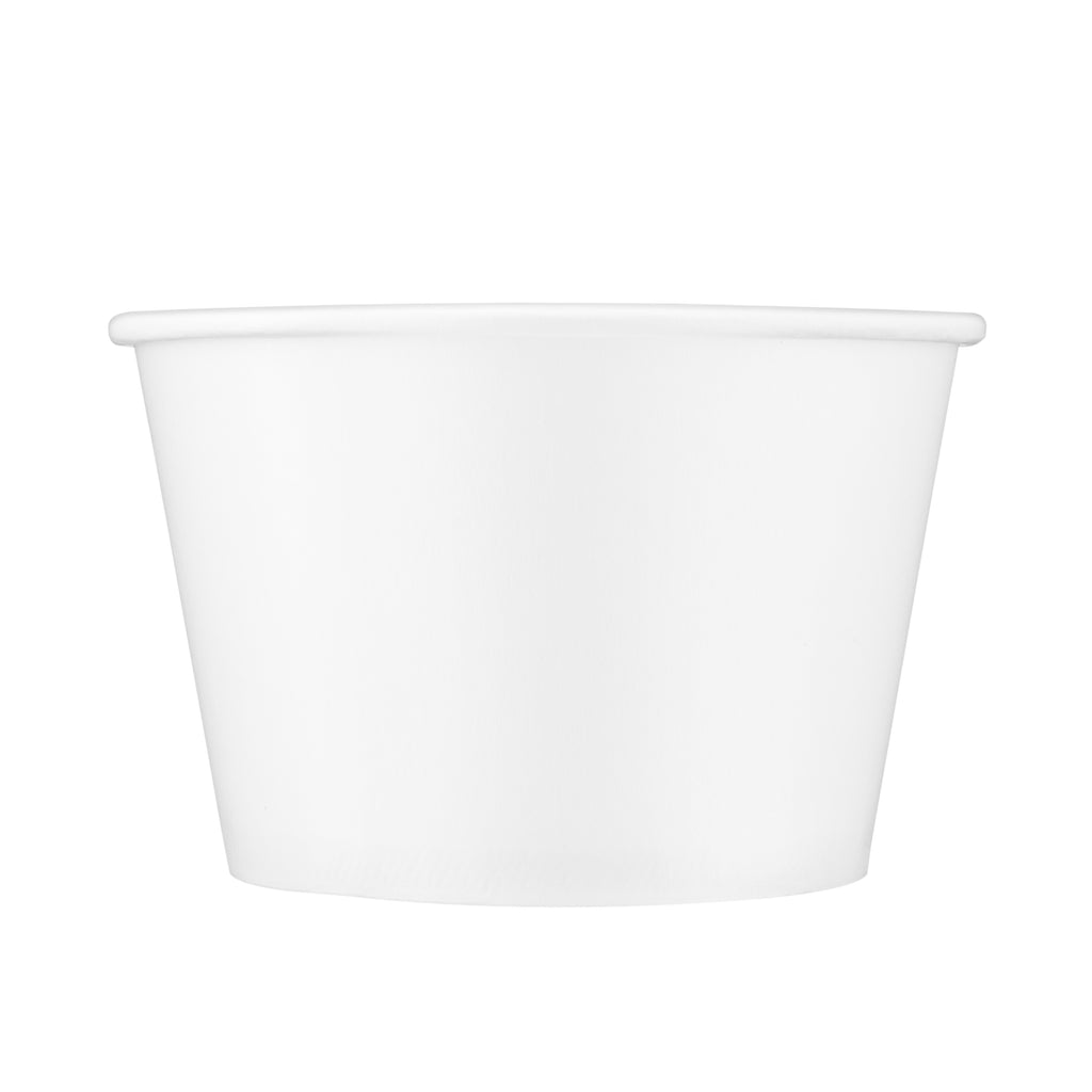 White paper soup bowl 54oz viewed straight from the front, showing the tapered round body, rolled rim and clean white finish on a white background.