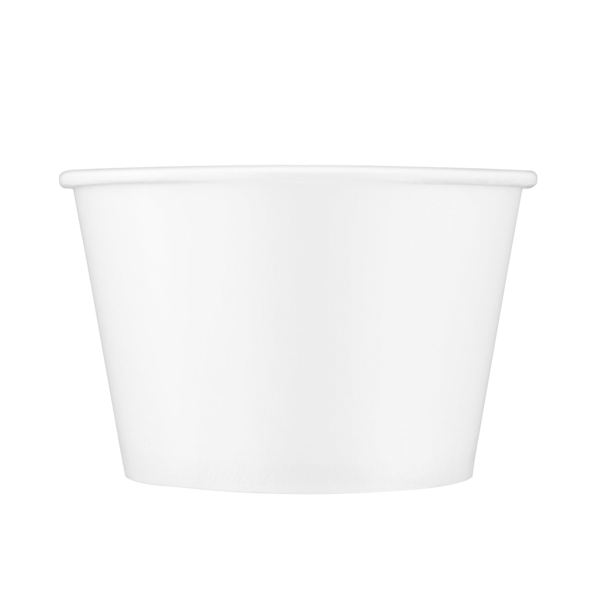 White paper soup bowl 54oz viewed straight from the front, showing the tapered round body, rolled rim and clean white finish on a white background.