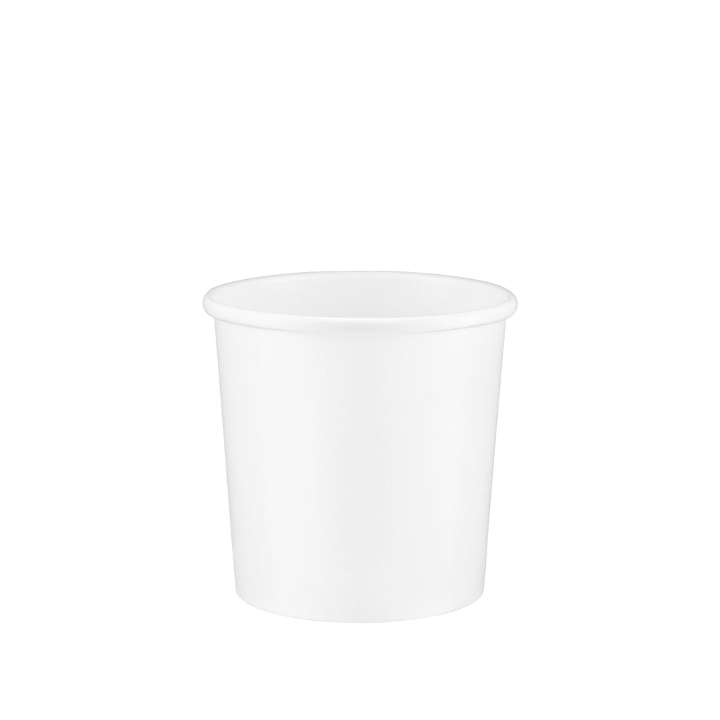 White paper soup container 12oz viewed from a slight front angle, revealing the rolled rim and a glimpse of the smooth interior.