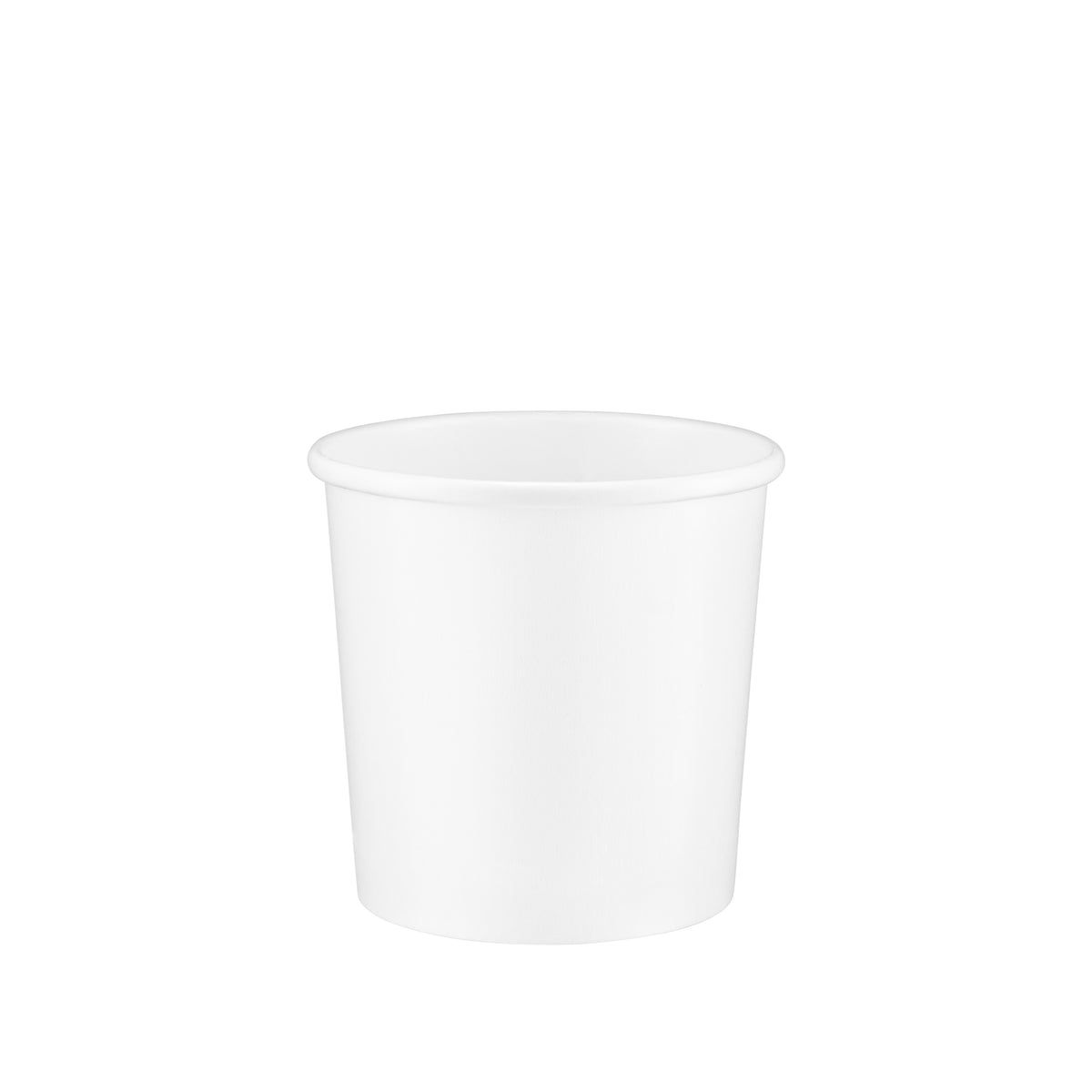 White paper soup container 12oz viewed from a slight front angle, revealing the rolled rim and a glimpse of the smooth interior.