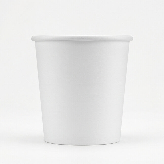 White paper soup container 12oz viewed straight from the front, showing the tapered round body, rolled rim and clean white finish on a white background.