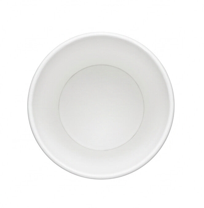 White paper soup container 12oz viewed from directly above, showing the round opening, rolled rim and clean inner base on a white background.