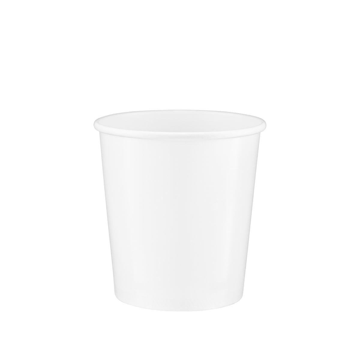 White paper soup container 16oz viewed from a slight front angle, revealing the rolled rim and a glimpse of the smooth interior.