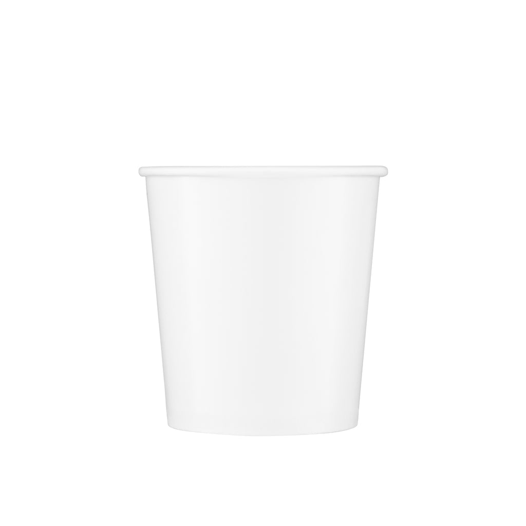 White paper soup container 16oz viewed straight from the front, showing the tapered round body, rolled rim and clean white finish on a white background.