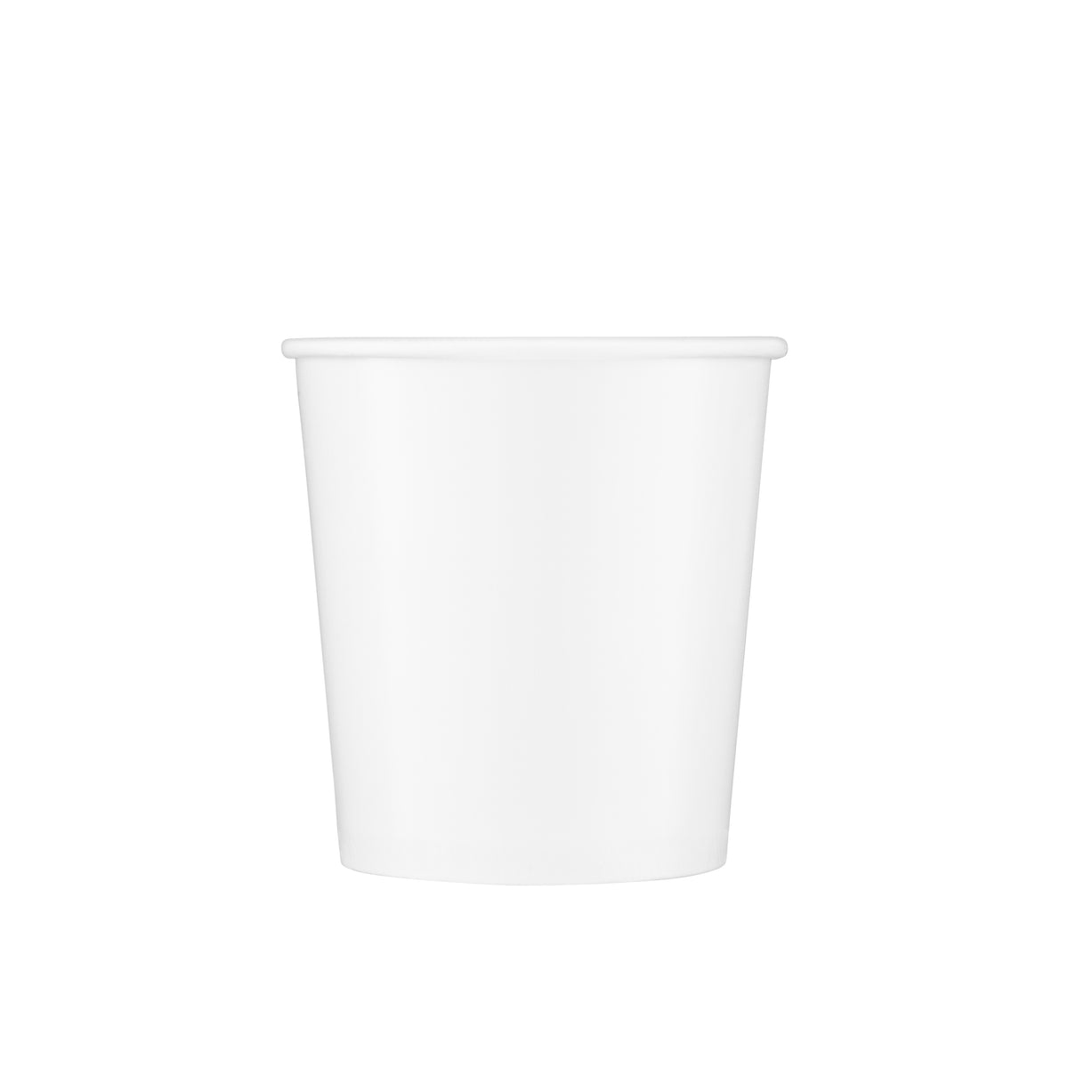 White paper soup container 16oz viewed straight from the front, showing the tapered round body, rolled rim and clean white finish on a white background.