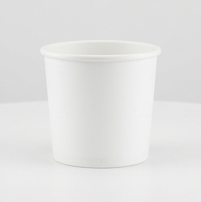 White paper soup container 26oz viewed from a slightly raised front angle, revealing the rolled rim and opening.