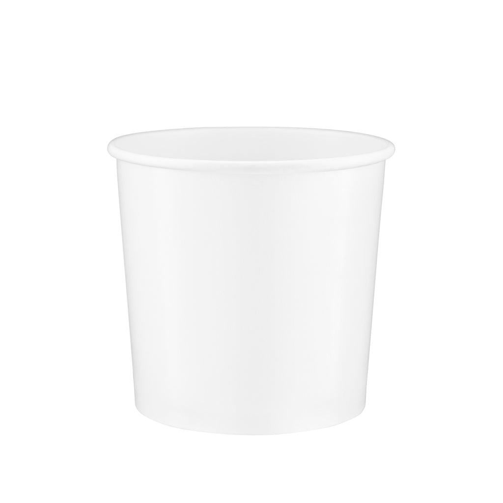 White paper soup container 26oz viewed from a slight front angle, revealing the rolled rim and a glimpse of the smooth interior.