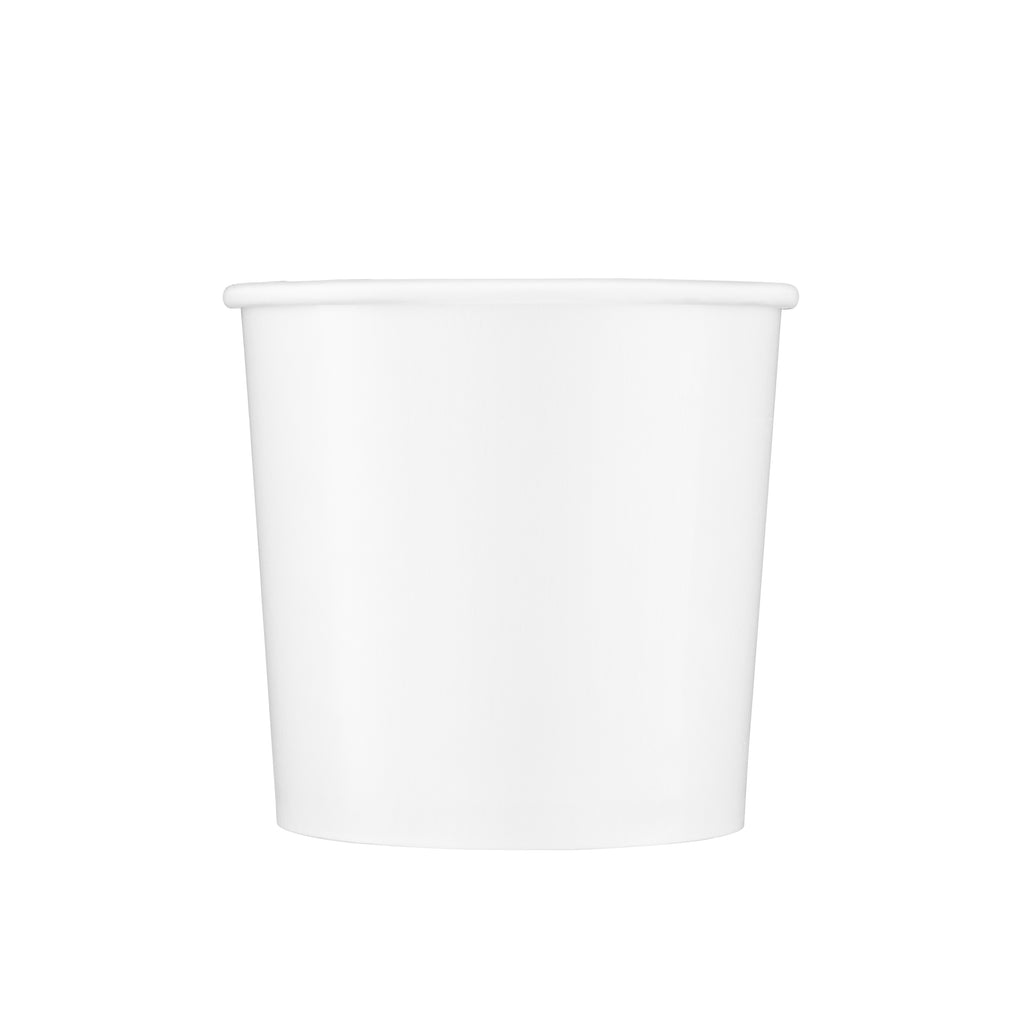 White paper soup container 26oz viewed straight from the front, showing the tapered round body, rolled rim and clean white finish on a white background.