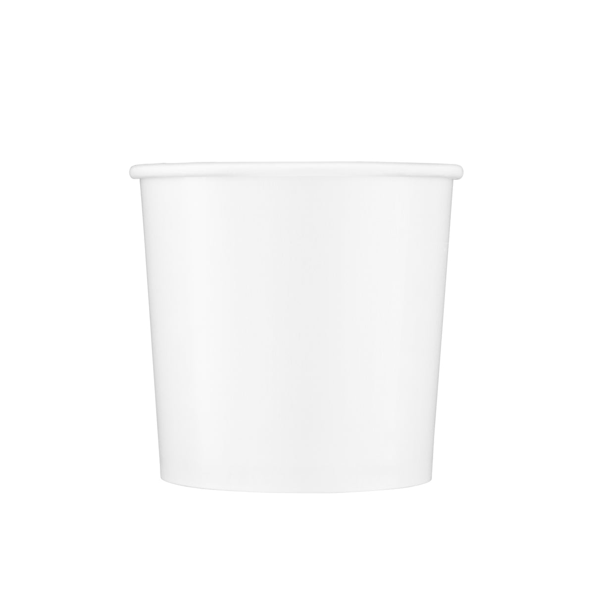 White paper soup container 26oz viewed straight from the front, showing the tapered round body, rolled rim and clean white finish on a white background.