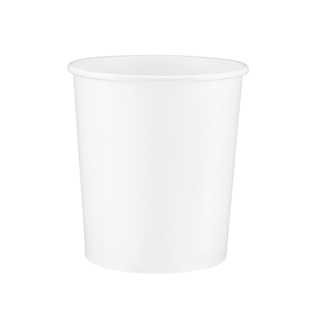 White paper soup container 32oz viewed from a slight front angle, revealing the rolled rim and a glimpse of the smooth interior.