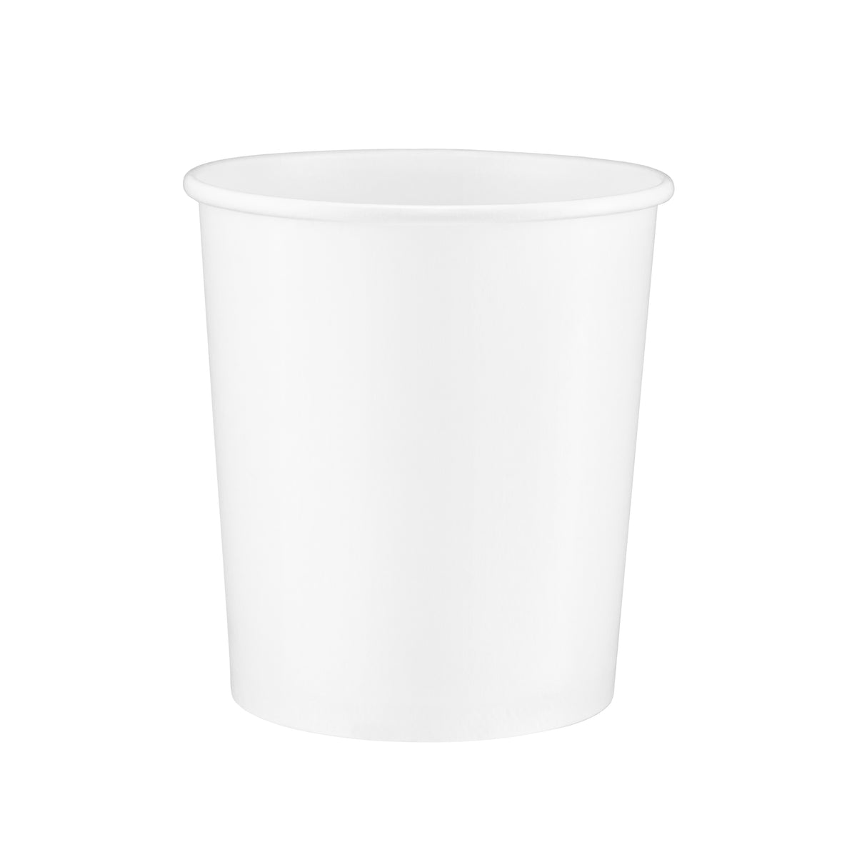 White paper soup container 32oz viewed from a slight front angle, revealing the rolled rim and a glimpse of the smooth interior.