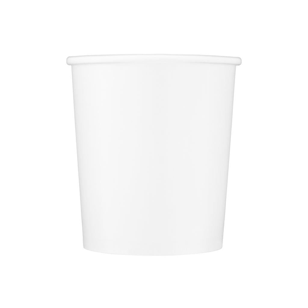 White paper soup container 32oz shown from the front, displaying the rolled rim, tapered body and clean white finish.
