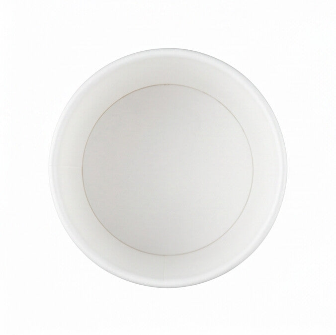 White paper soup container 8oz showing the flat circular base and seam from above.
