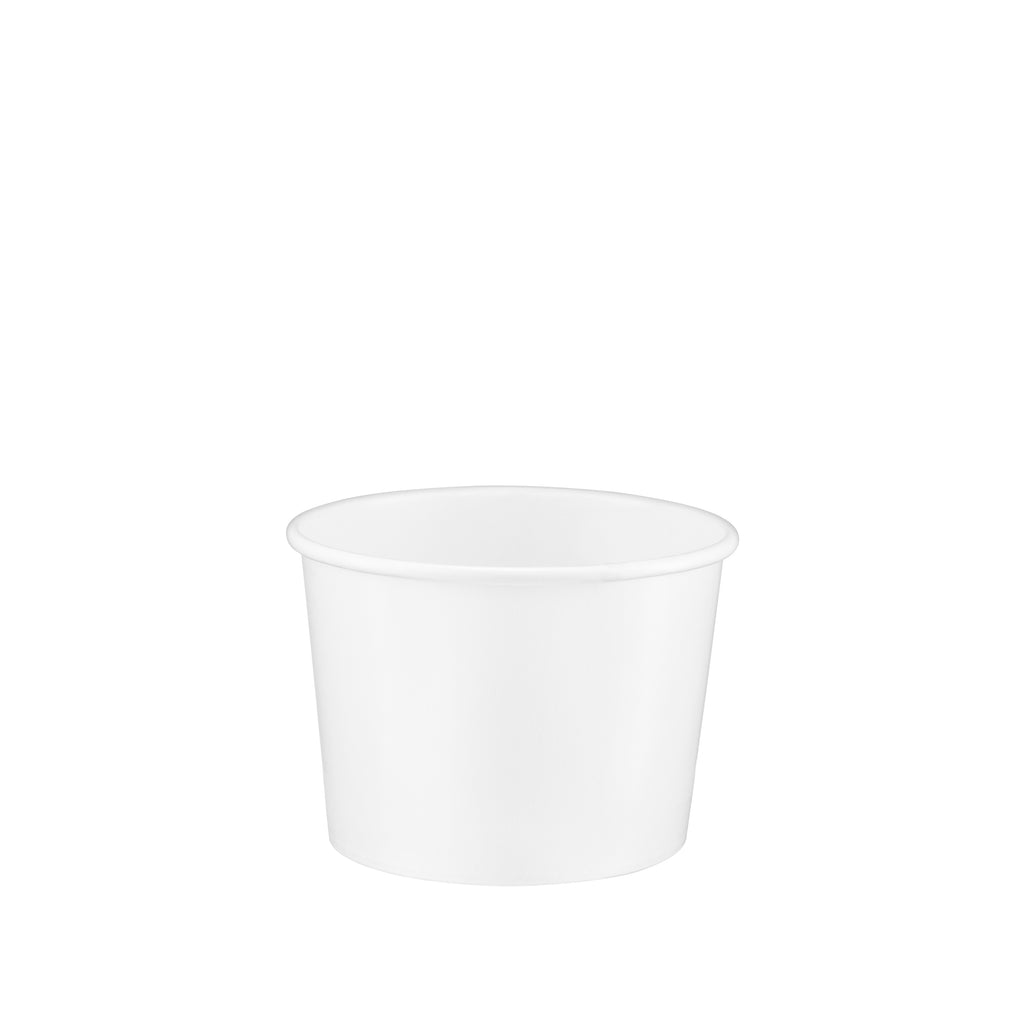 White paper soup container 8oz viewed from a slight front angle, revealing the rolled rim and a glimpse of the smooth interior.