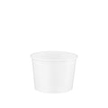 White paper soup container 8oz viewed from a slight front angle, revealing the rolled rim and a glimpse of the smooth interior.