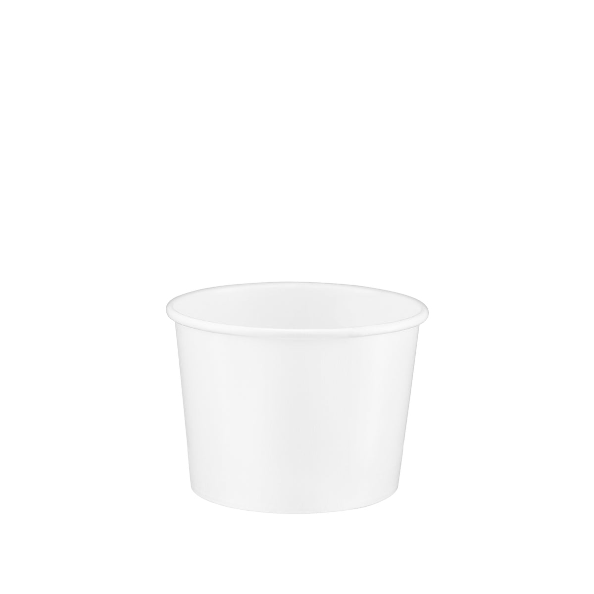 White paper soup container 8oz viewed from a slight front angle, revealing the rolled rim and a glimpse of the smooth interior.