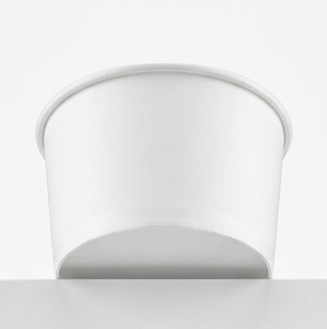 White paper soup container 8oz shown from a low front view, displaying the rolled rim and tapered body.