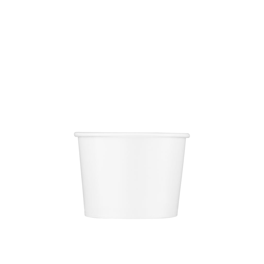 White paper soup container 8oz viewed straight from the front, showing the tapered round body, rolled rim and clean white finish on a white background.