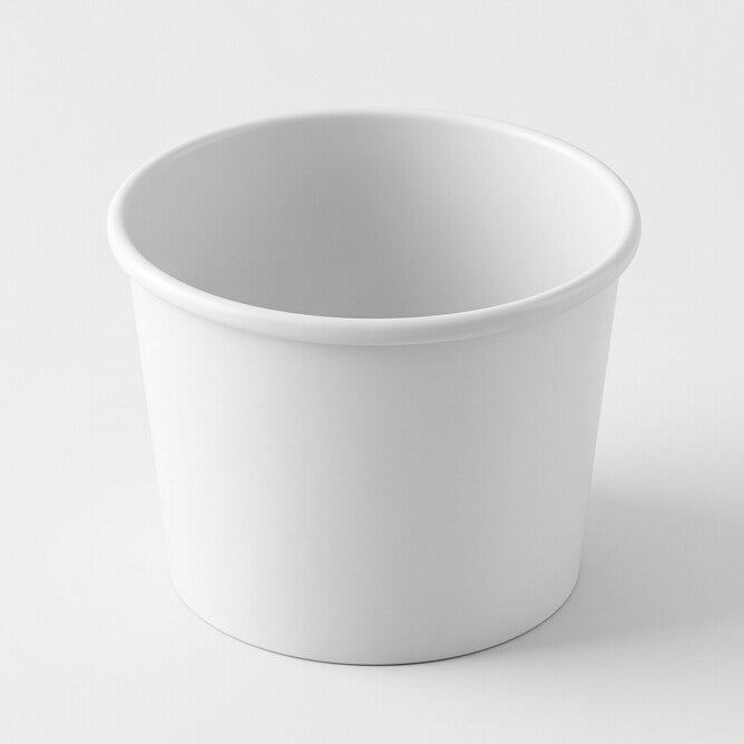 White paper soup container 8oz shown at a three-quarter angle, revealing the interior, rolled rim and tapered sidewall.